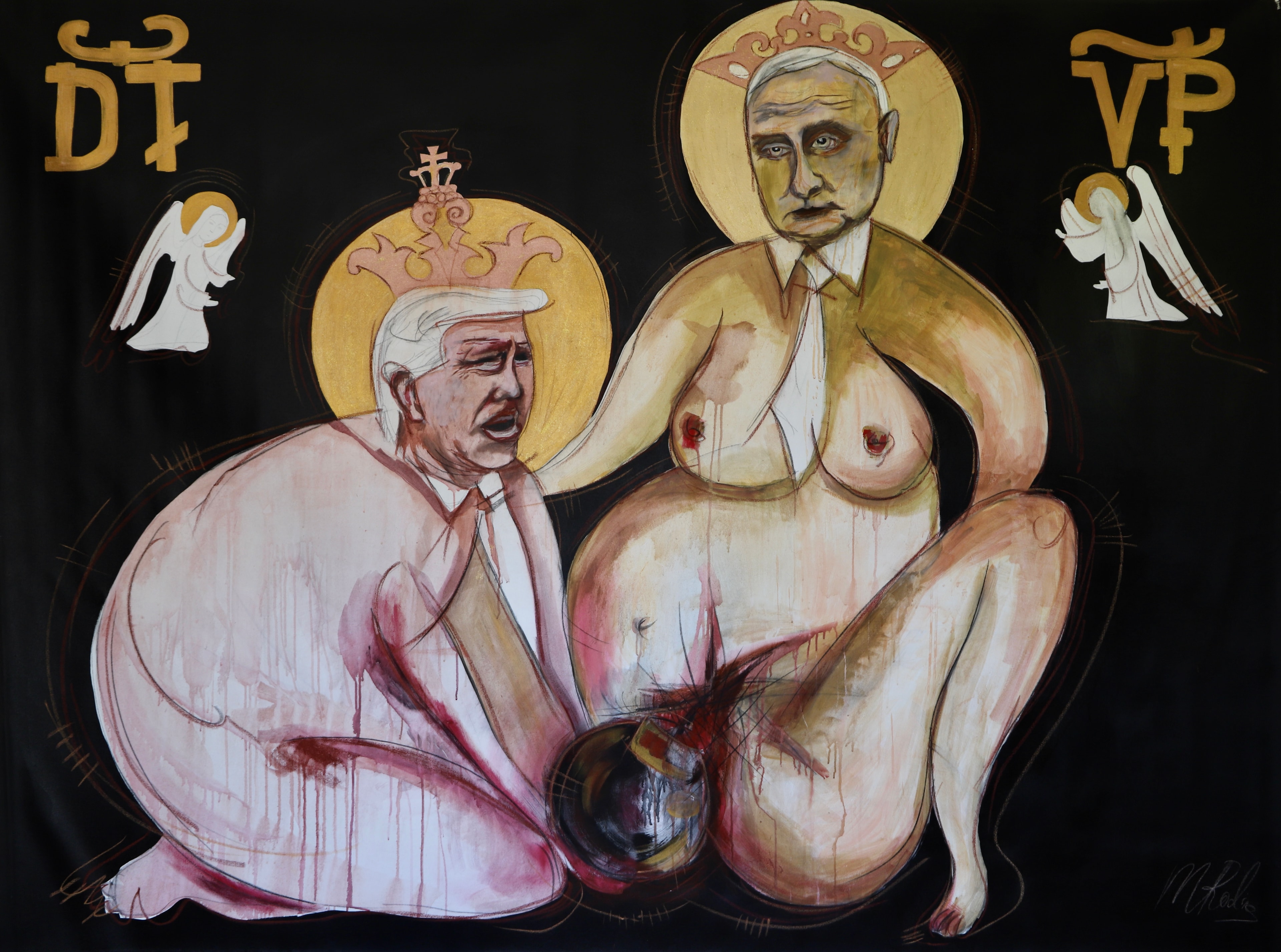 Birthing a Bomb, Acrylic, pastel chalk, pencil on canvas, 2023