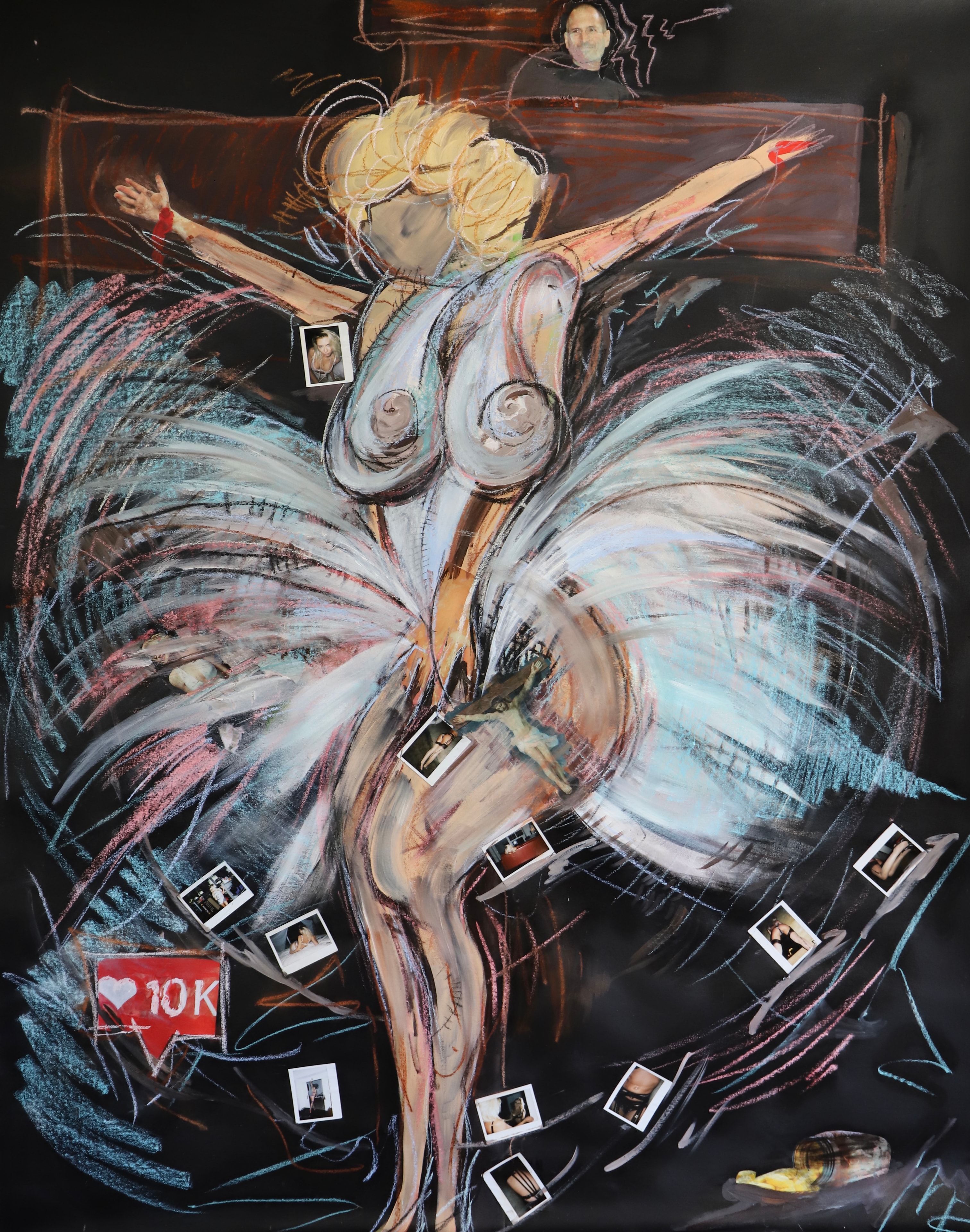Crucified for Likes, Acrylic, pastel chalk, pencil, Polaroids on canvas, 2022