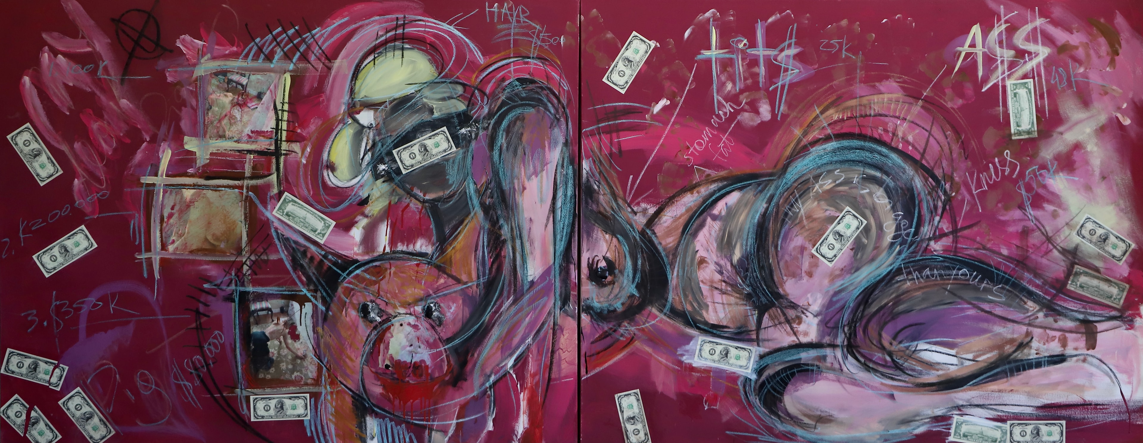 Dear Little Piggy, Acrylic, pastel chalk, pencil, paper on canvas, 2022