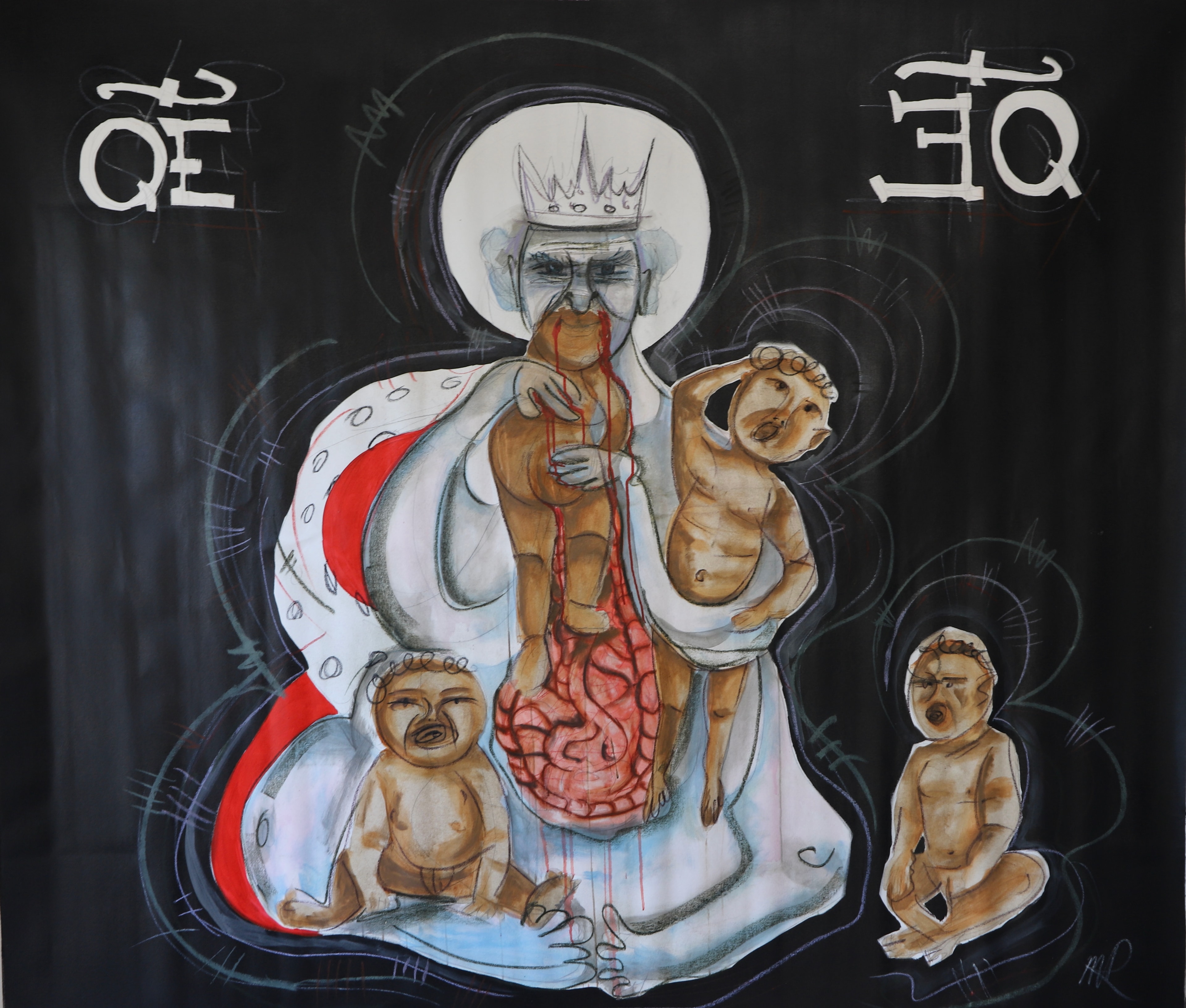 Intestinal Colonisation, Acrylic, pastel chalk, pencil on canvas, 2023
