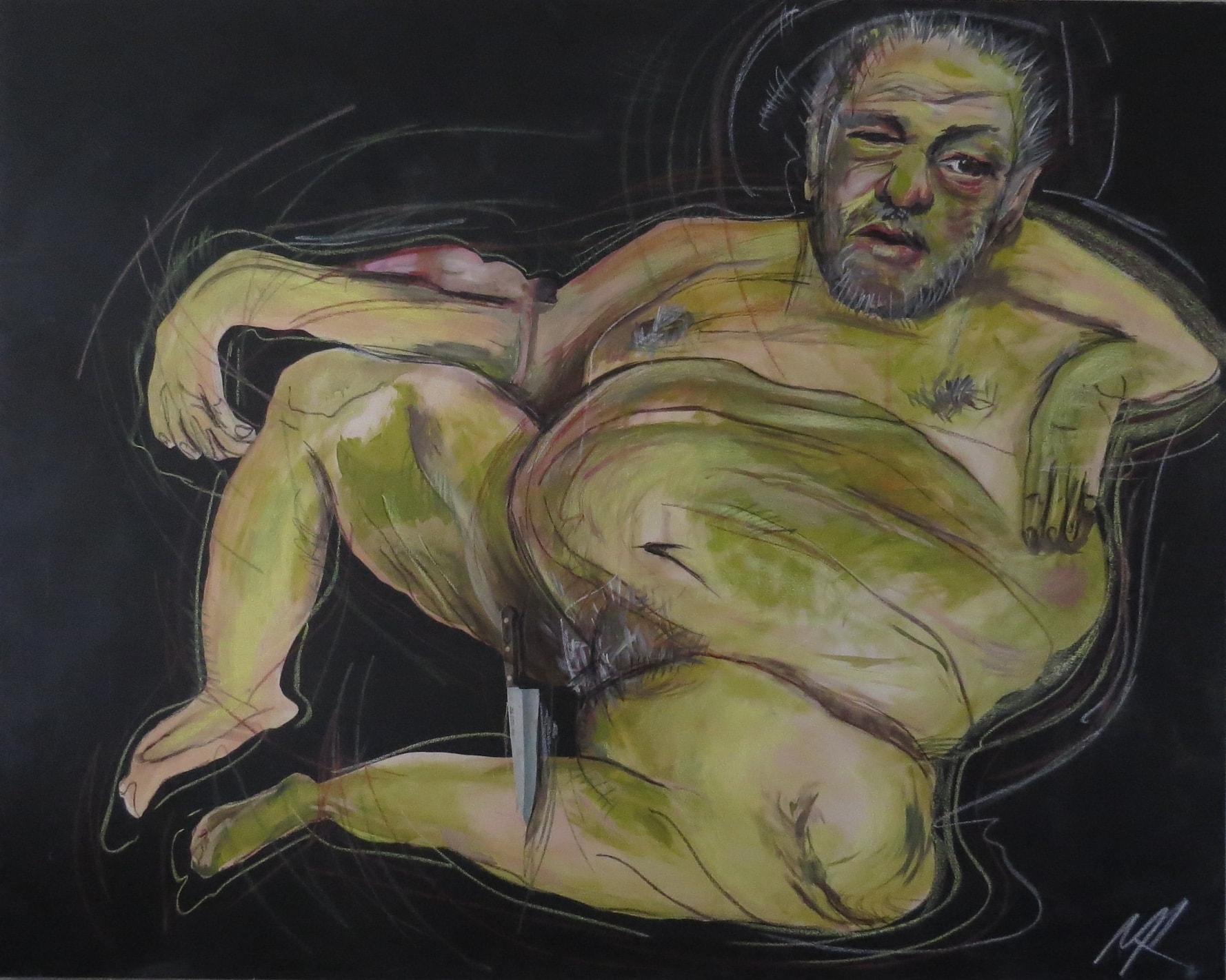 Harvey the Hutt, Acrylic, pastel chalk, pencil, ink on canvas, 2022
