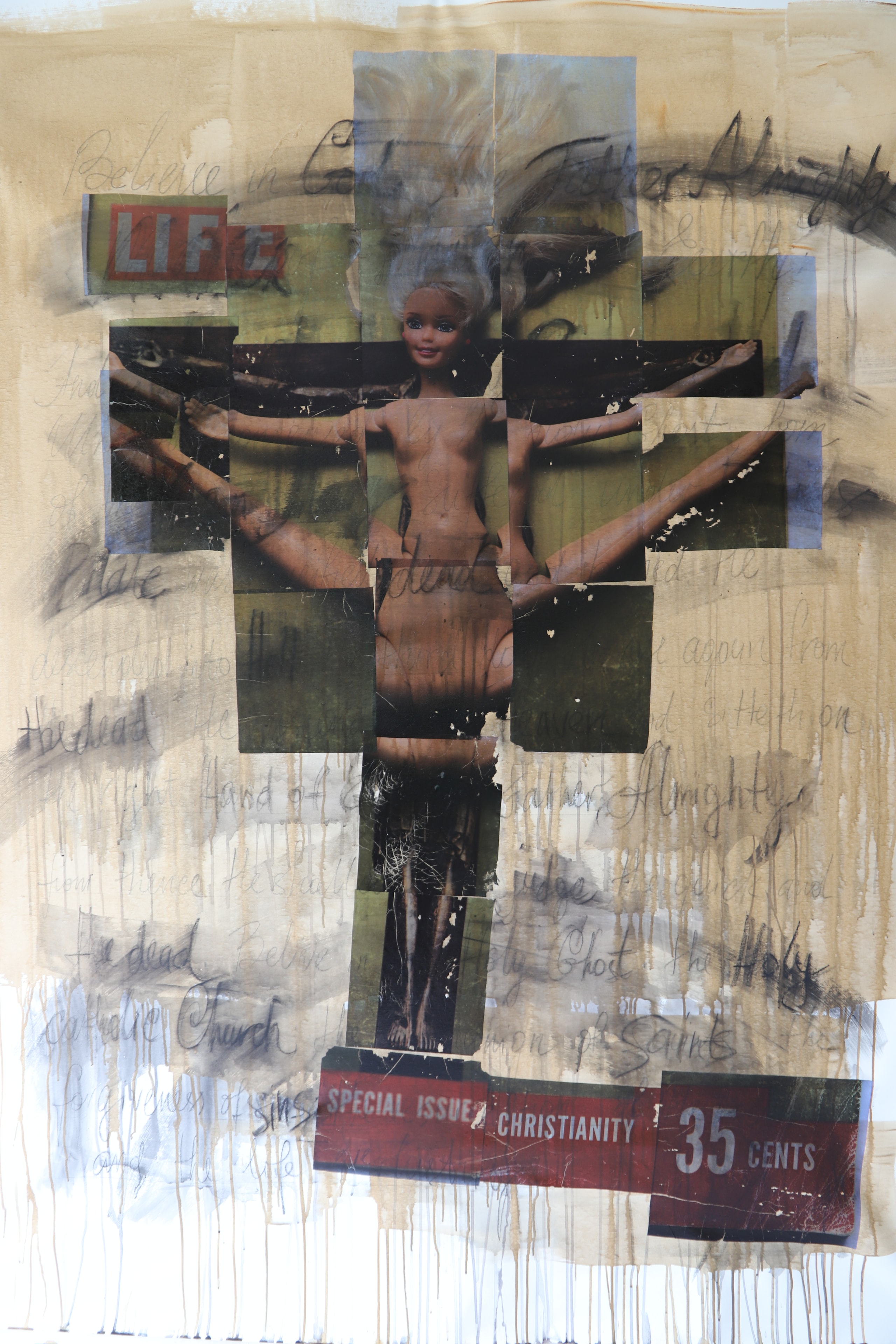 Christianity, 35 Cents, Acrylic, chalk, pencil, ink on canvas, 2023