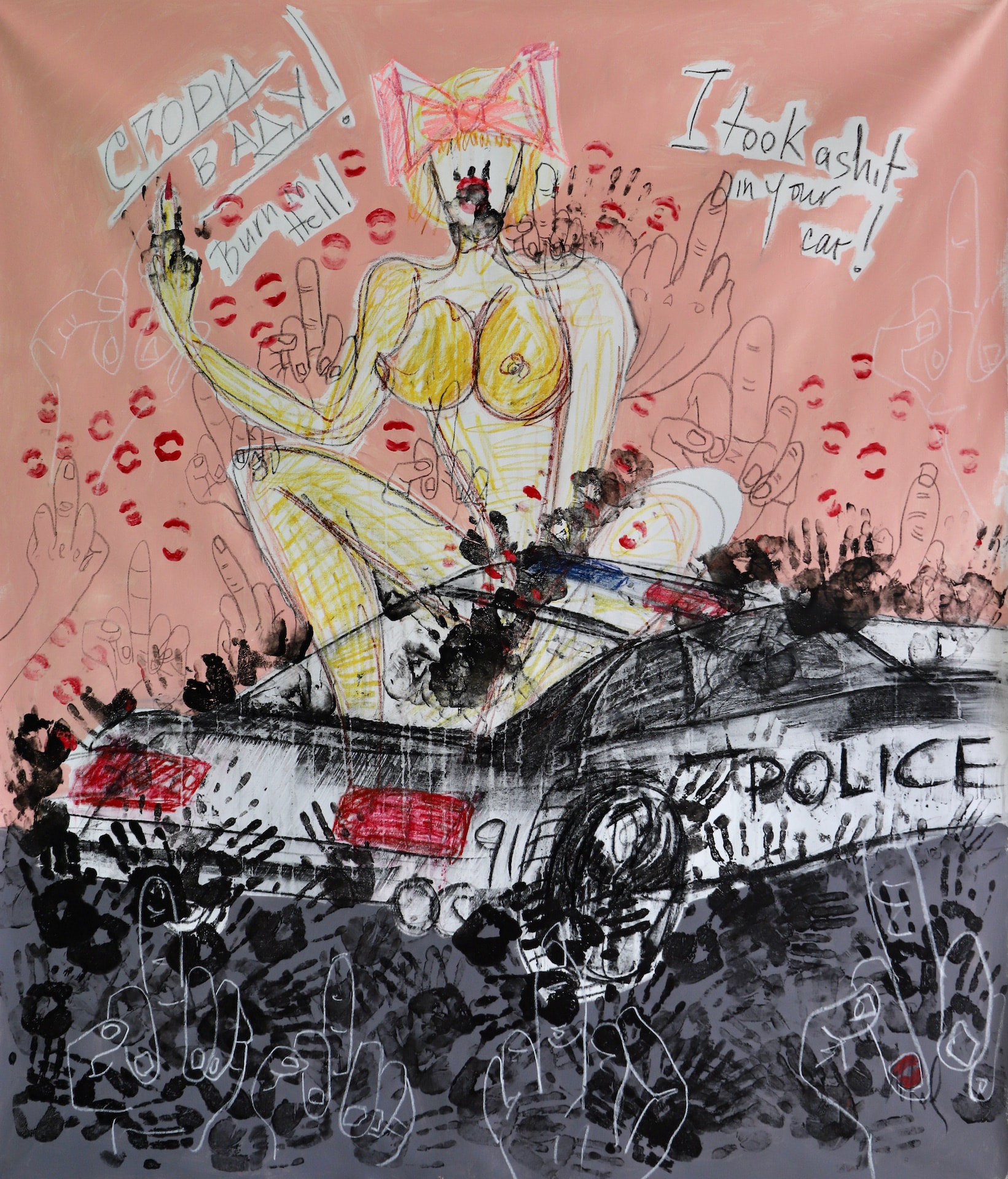 I Took a Shit in Your Car (51/50), Acrylic, pastel chalk, pencil on canvas, 2023