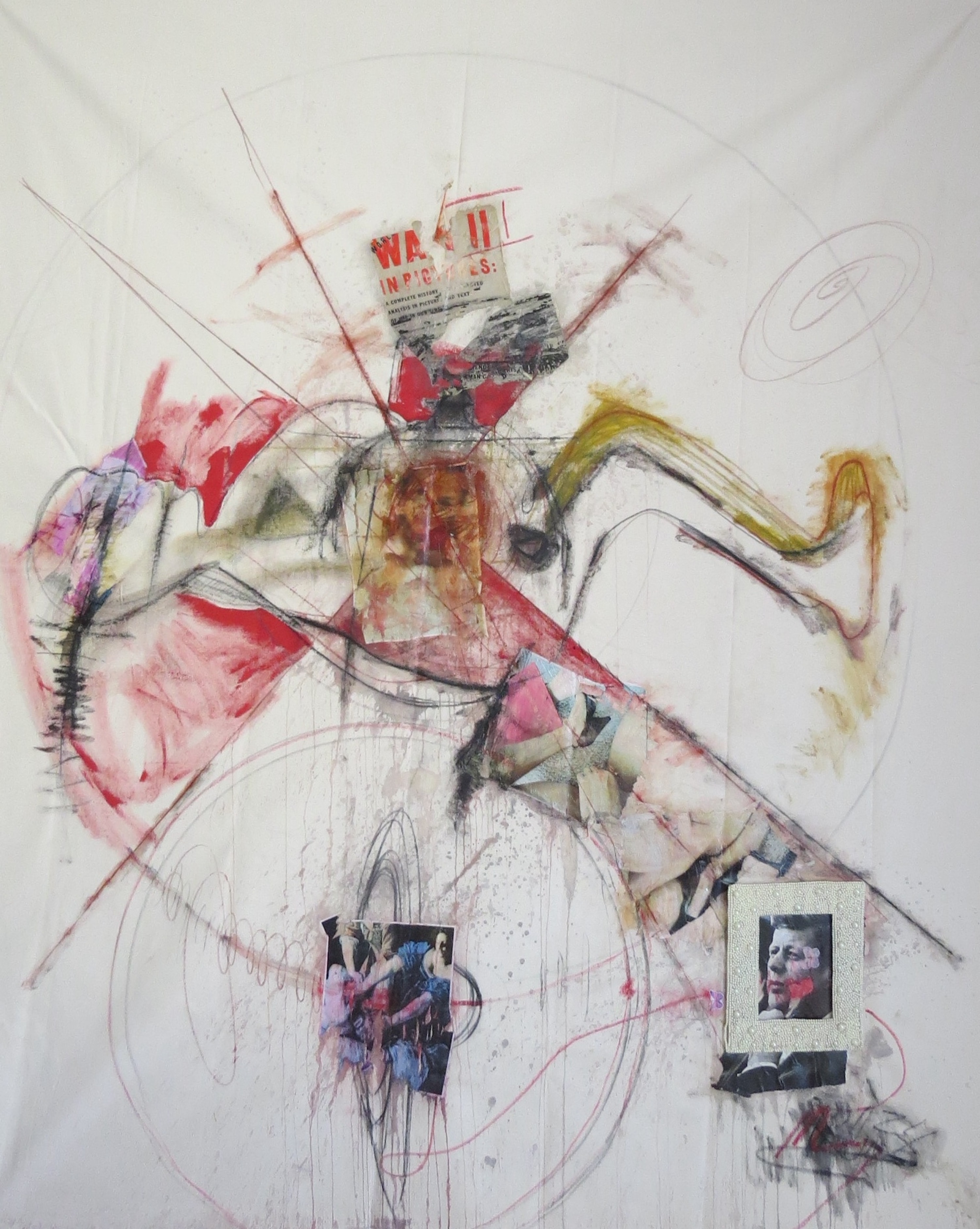 Abortion, Acrylic, chalk, pencil, picture frame, paper on canvas, 2024