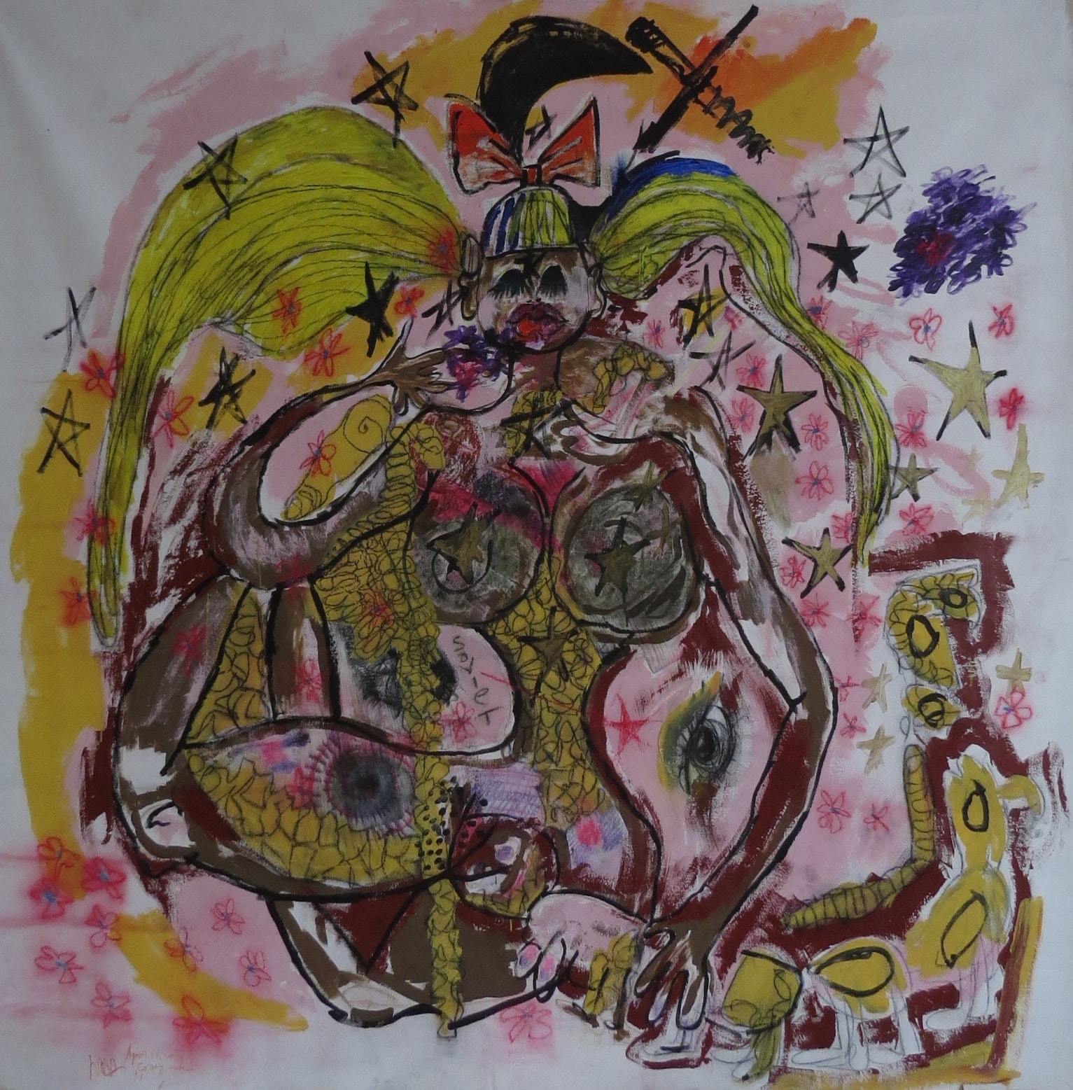 Crazy Mother, Acrylic, chalk, pencil, ink on canvas, 2024