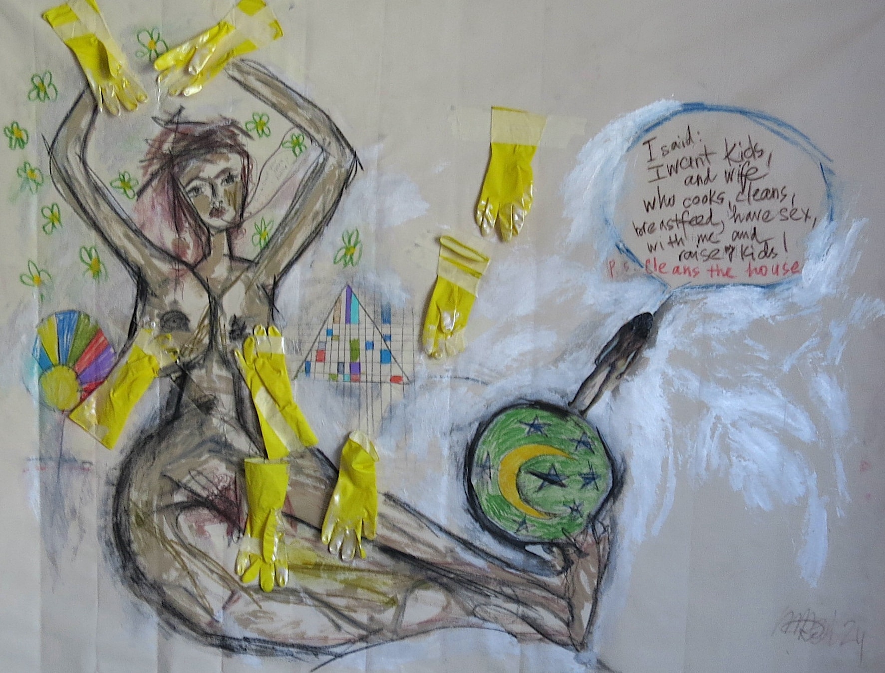 Housewife, Acrylic, chalk, rubber gloves, ink on canvas, 2024