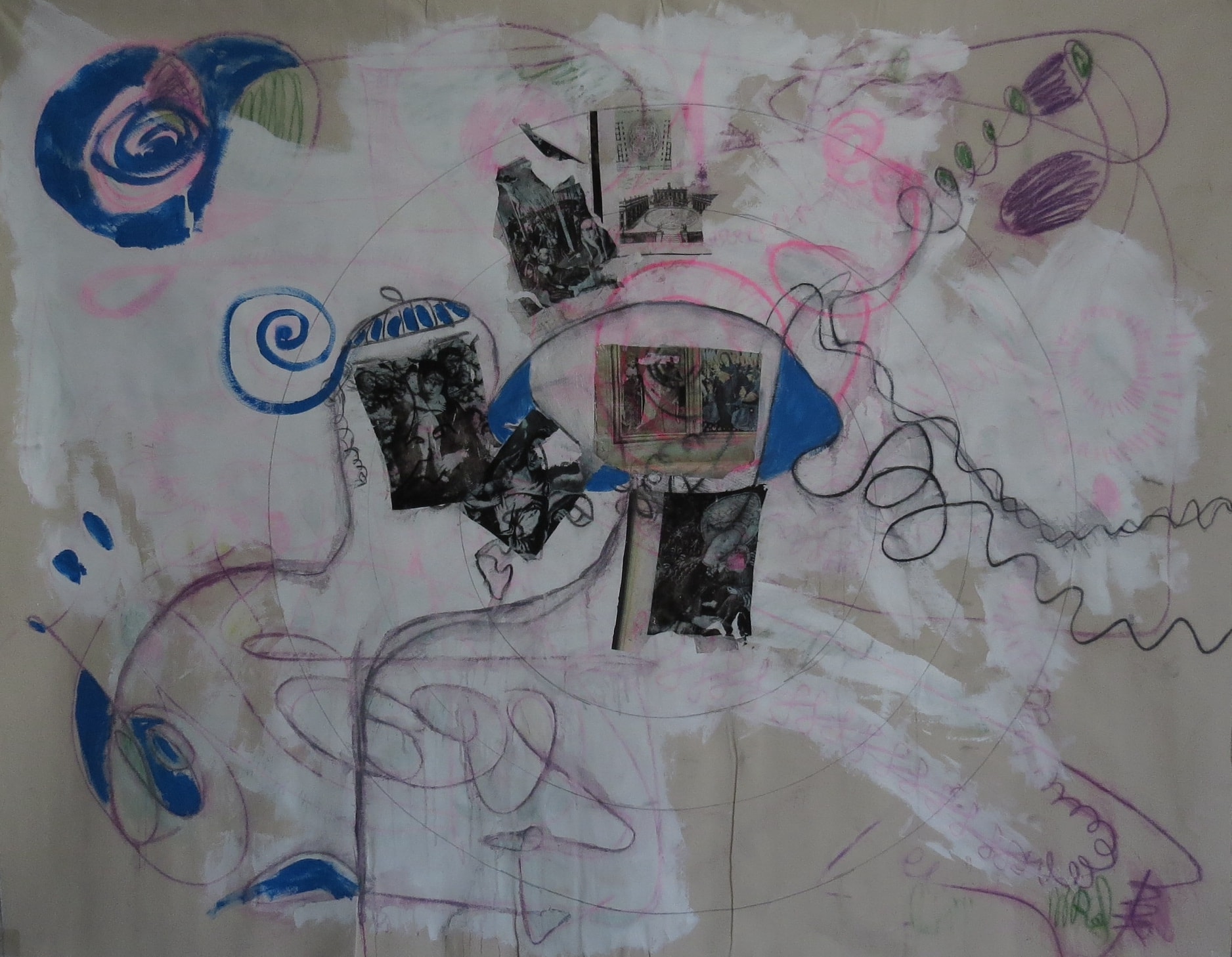 Pink and Blue, Acrylic, pencil, chalk, ink on canvas, 2024