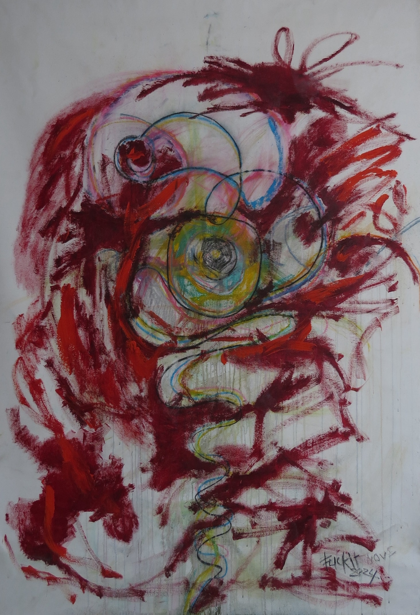 Red Spirals, Acrylic, chalk on canvas, 2024