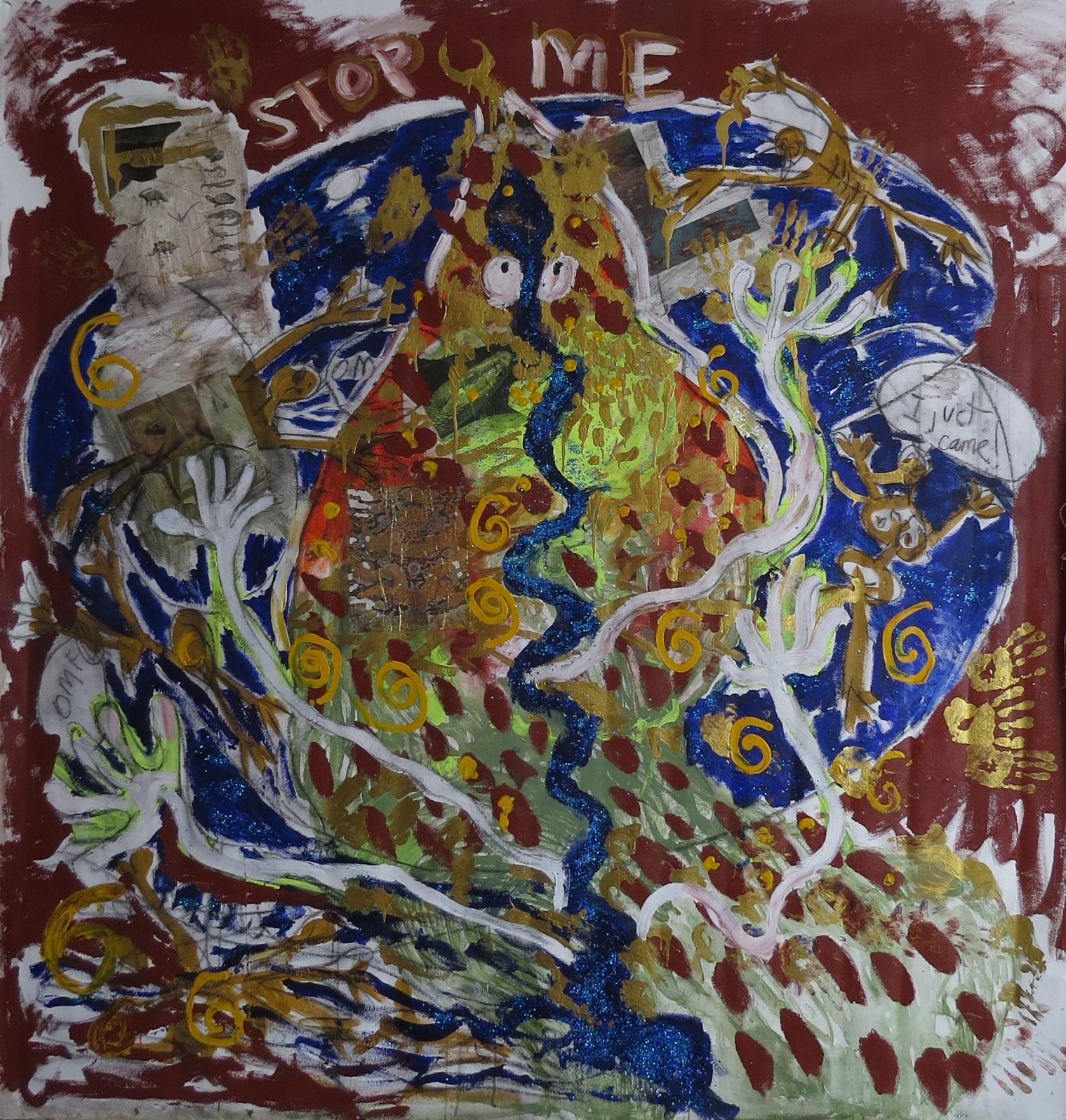 Stop Me Now, Acrylic, chalk, pencil, ink on canvas, 2024