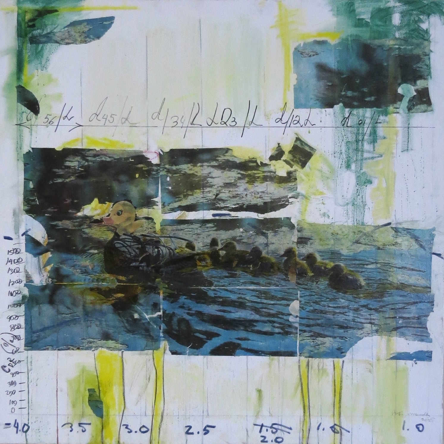 Ducks Imprinting, Acrylic, chalk, pencil, ink on canvas, 2025